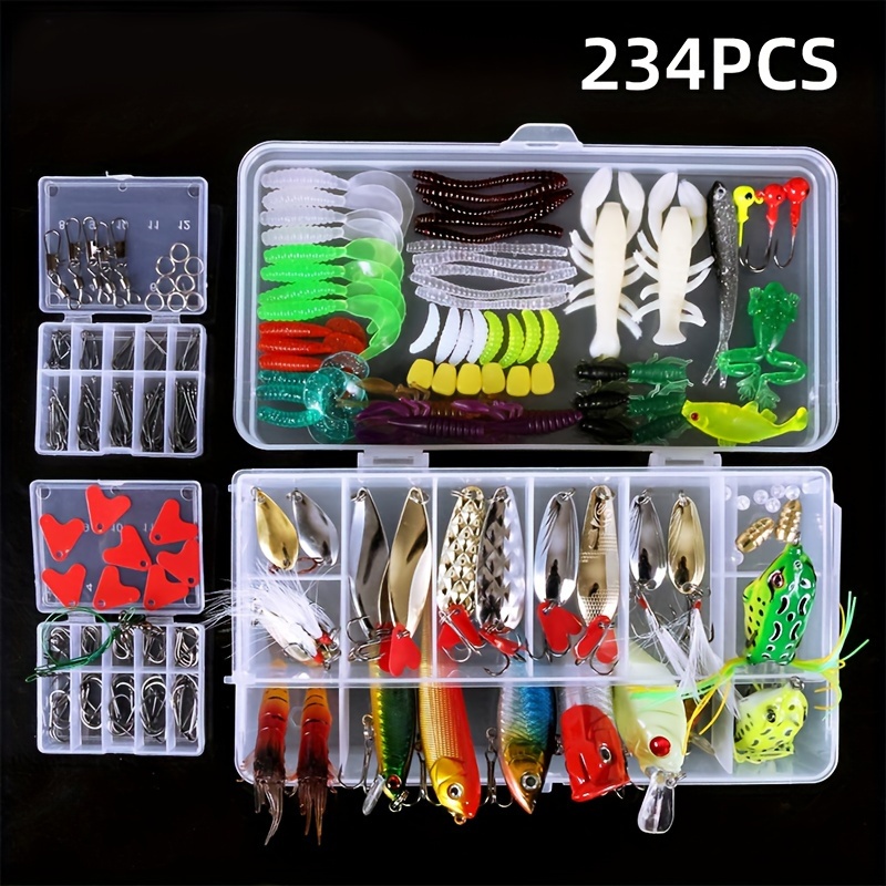 234pcs/set Fishing Tackle Set With Double-layer Storage Box, Hard Bait And  Soft Lure, Lead Head Hook, Fishing Accessories