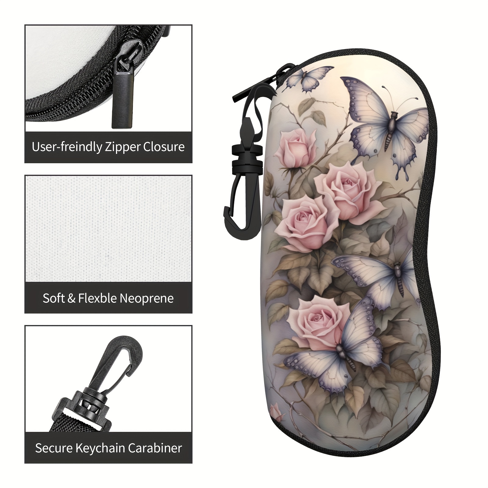 flowers and butterflies glasses case portable rubber zipper glasses case with unglasses cover for womens fashion details 7