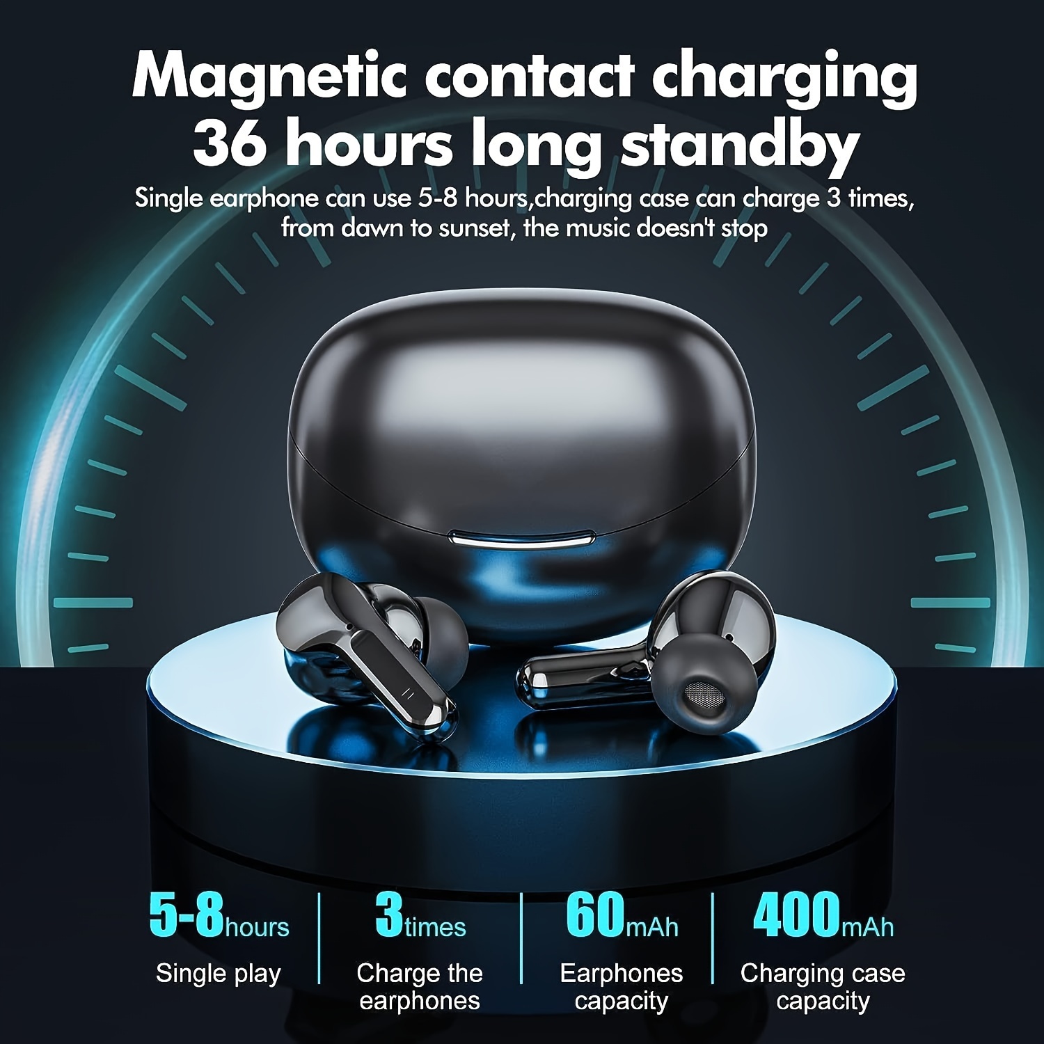 TWS Wireless Eabuds, Fones de ouvido estéreo Hi-Fi, Fone de ouvido esportivo à prova d'água, Fones de ouvido intra-auriculares com controle de toque e estojo de carregamento_voghion.com