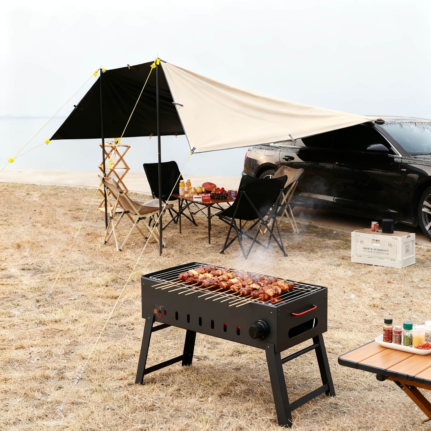 4-person Outdoor Leisure Oxford Car Canopy | Sun Shade Shelter With And Polyester Fabric, Hexagonal Shape, Closure