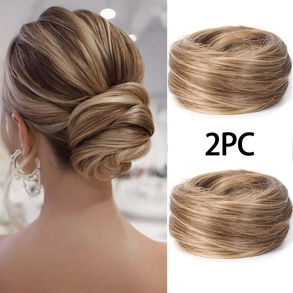 Image of 3-inch 2pcs Synthetic Straight Hair Bun Hair Ring Style Wig Accessory In Black Dark Brown Light Brown And Blonde Highlights Suitable For Women Hairstyles Daily Wear And Festive Styling