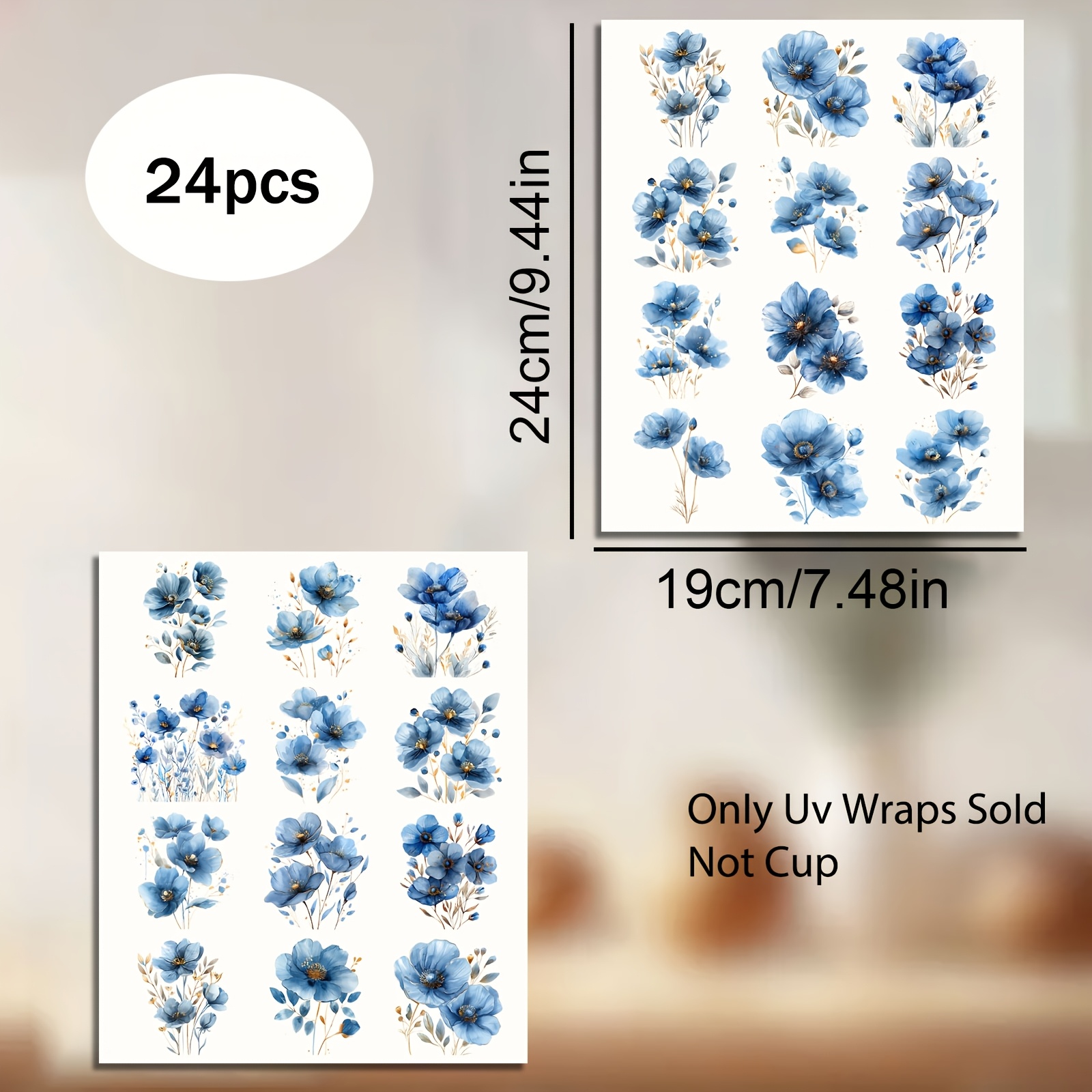 Image of Set Of 24 Rub-on Transfer Stickers Featuring Abstract Blue Flowers Designs, 3d Decals Suitable For Cups, Water Bottles, And Furniture, Measuring 24x19cm Decals Suitable For Furniture Transfers
