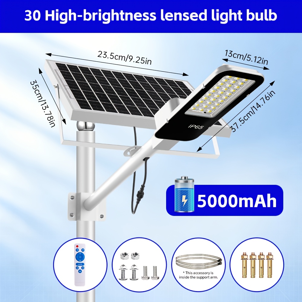 TEMU 1pc Solar Street Light, High-brightness Led Lighting, Ip65 Outdoor Lamp, 16000mwh Large-capacity Battery With Remote Control, 6500k Safe