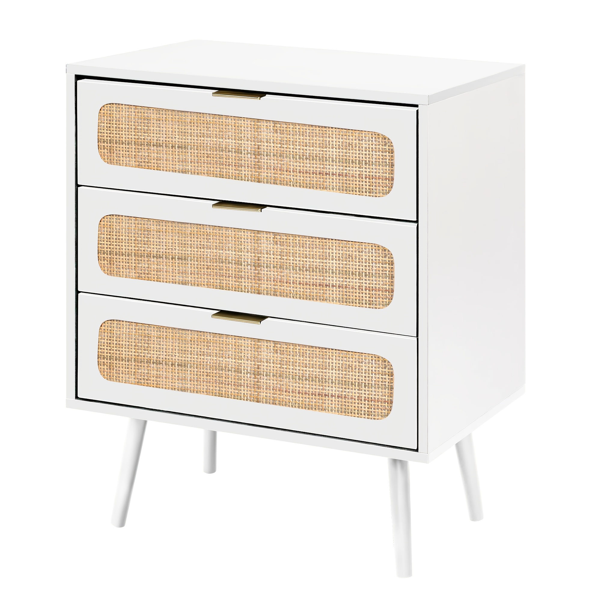 Image of Rattan Nightstand Dresser Chest Of 3 Drawers, Wood Storage Dresser Cabinet Organizer Unit For Bedroom Living Room Closet Office