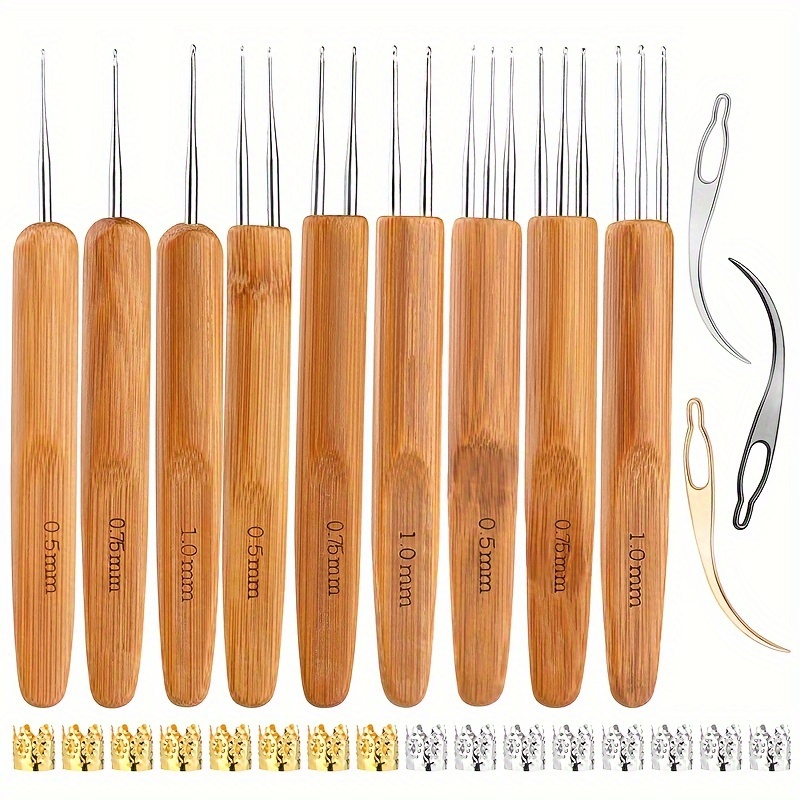 

Dreadlocks Crochet Hook Set With Bamboo Handle - Metal Hair Weaving & Spinning Tools For Braids, Full Size 0.5mm 0.75mm 1mm With Hair Locking Accessories Included