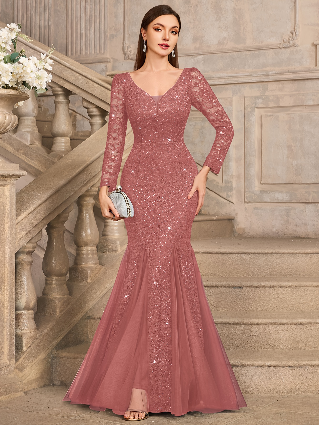 Women's Elegant V-Neck Long Sleeve Beaded Lace Trim Mermaid Evening Gown