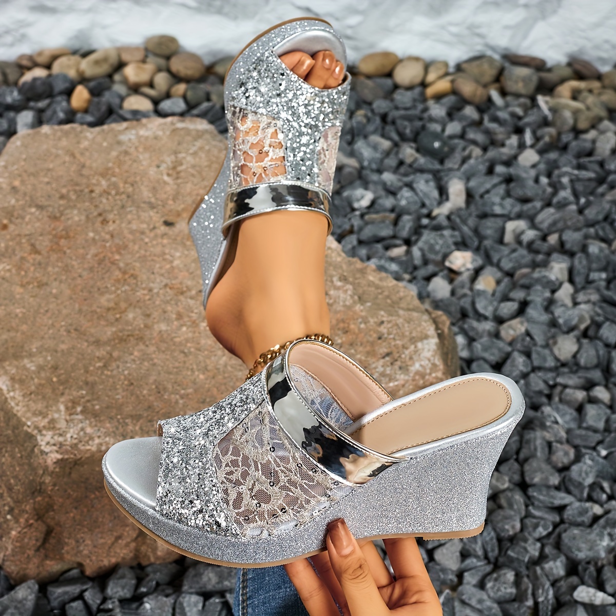 Casual Shoes Platform Wedge Sandals Silver Women'S Elegant Slip-On
