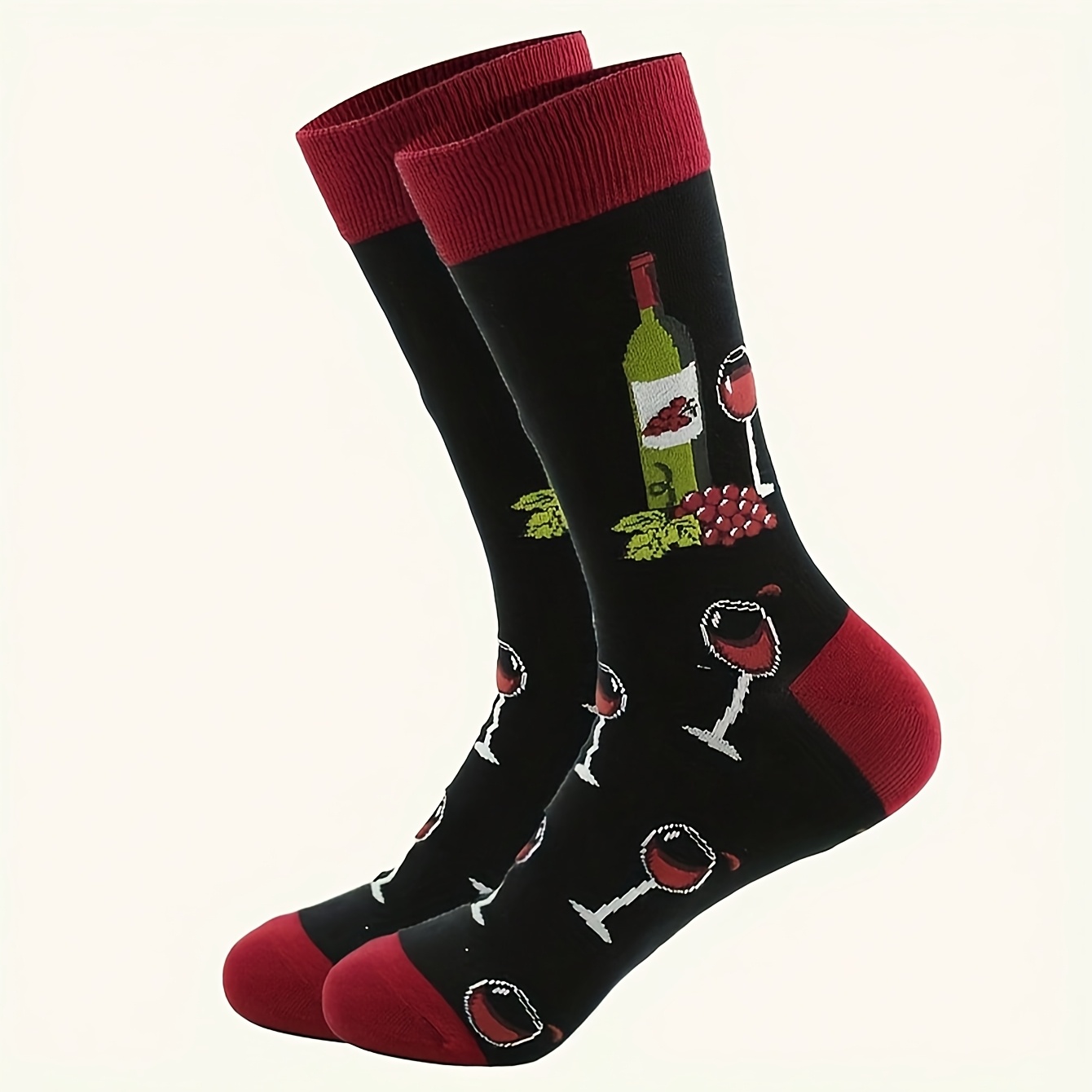 1 Pair Elegant Red Wine Print Mid-calf Socks - Breathable Full-body Wine-themed Tube Stockings, Hand Washable For Parties, Wine Tasting & Casual Wear - Matching Couple Socks For & (stock )