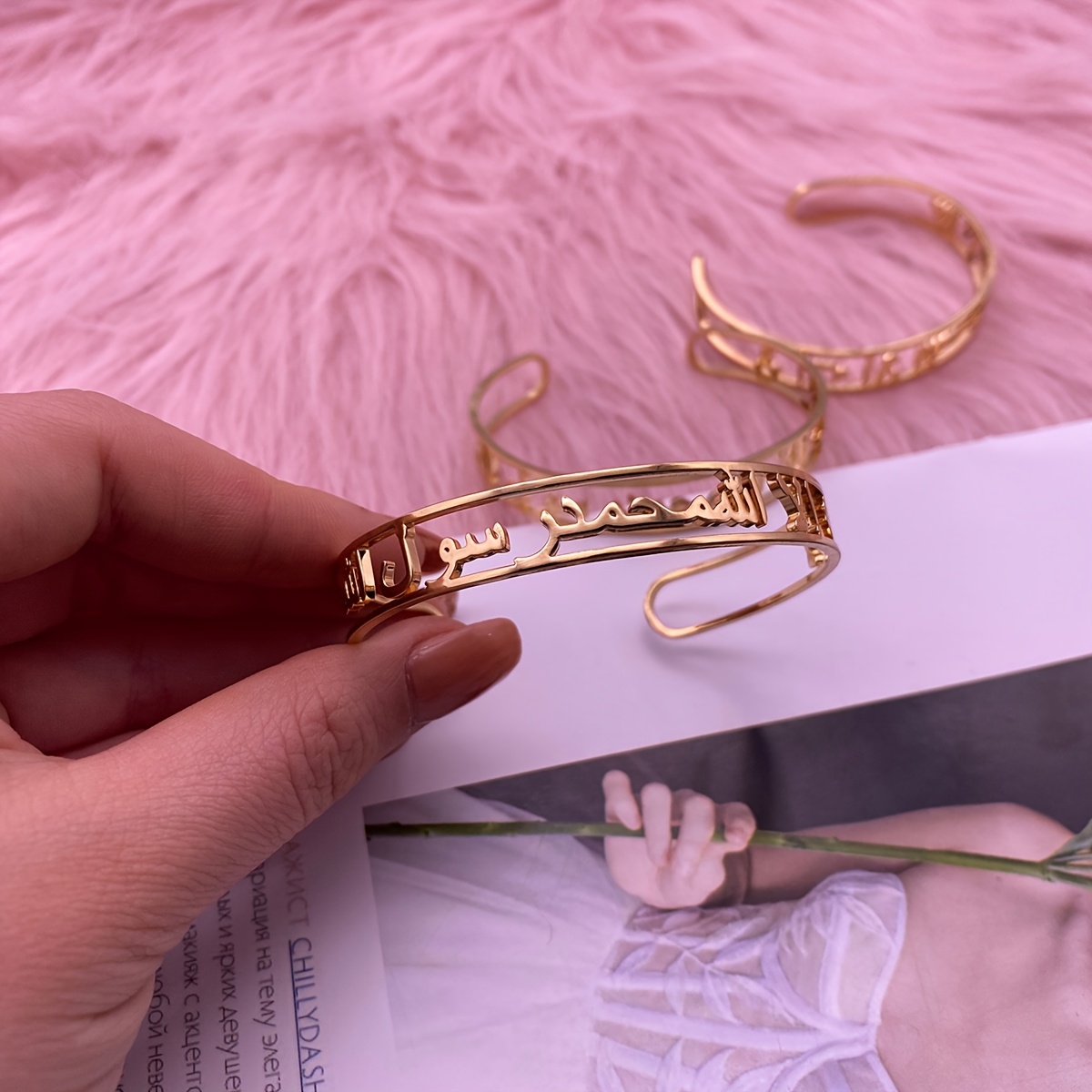 Stylish Open Bracelet with Personalized Arabic Names, Stainless Steel