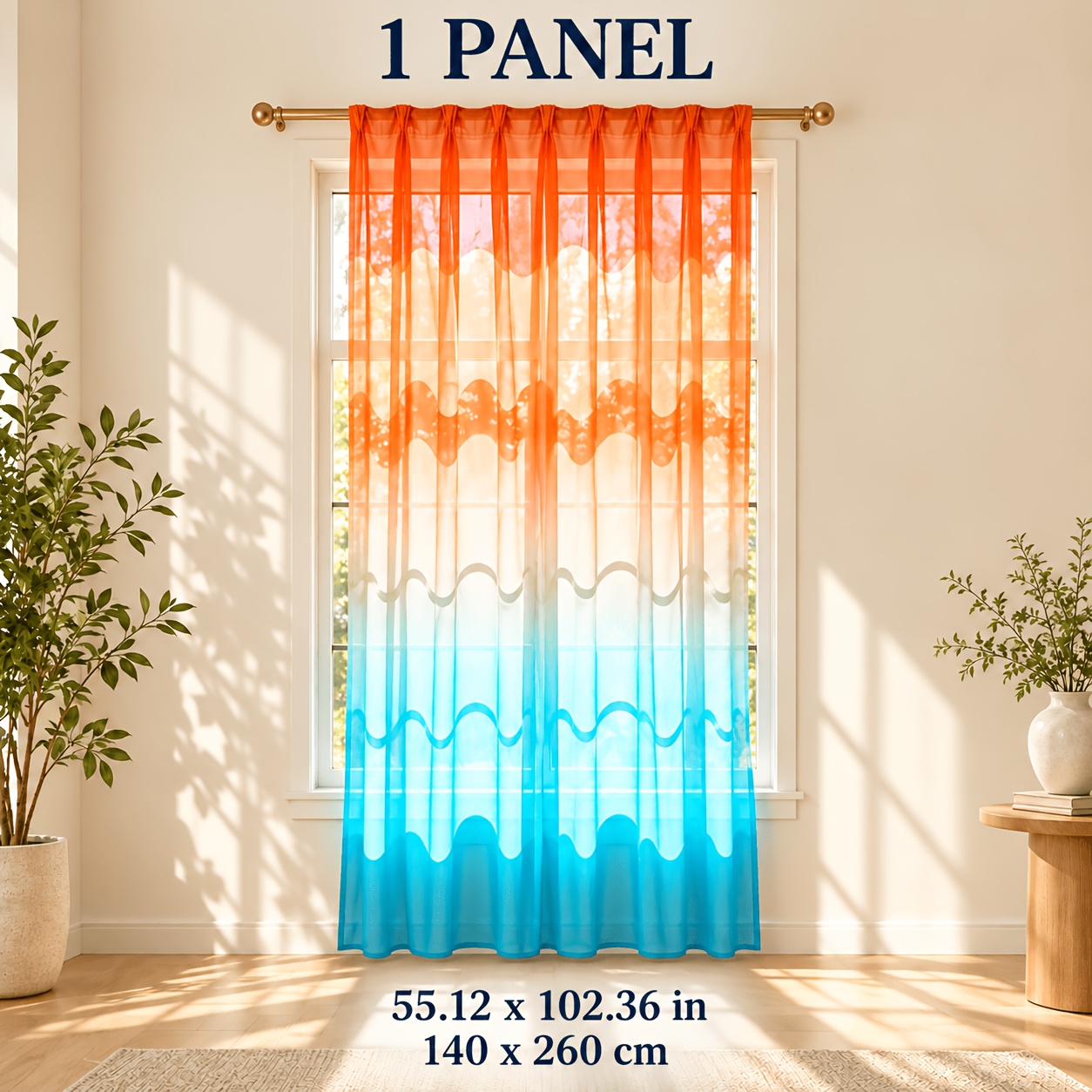 TEMU 1 Panneau de rideau transparent dégradé orange et bleu, décoration d'intérieur