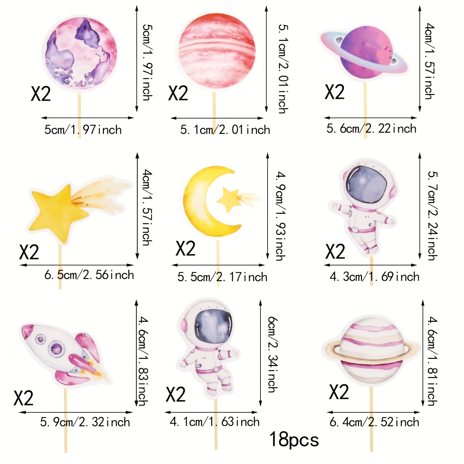 Image of 18pcs Pink Space Astronaut Cupcake Toppers, Planet And Rocket Journey Cupcake Decorations For Outer Space Themed Girls' Birthday Party, Pink