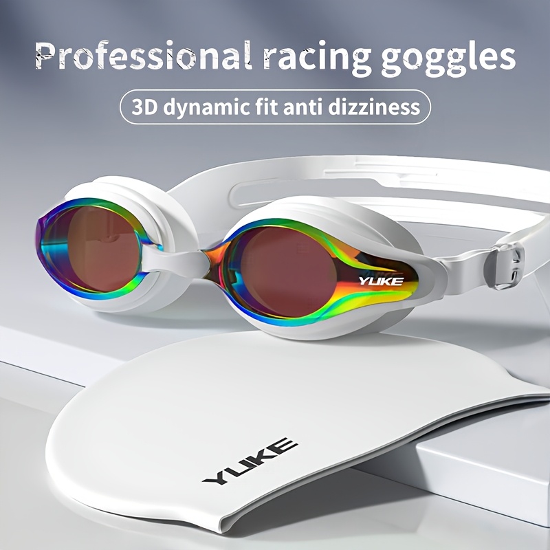 

1 Pair Professional Racing Goggles - Hd Electroplated, Waterproof & With Fit For Swimming Performance - White Frame, Rainbow Reflective Lens, Ideal For Valentine's Day & New Year's Gift