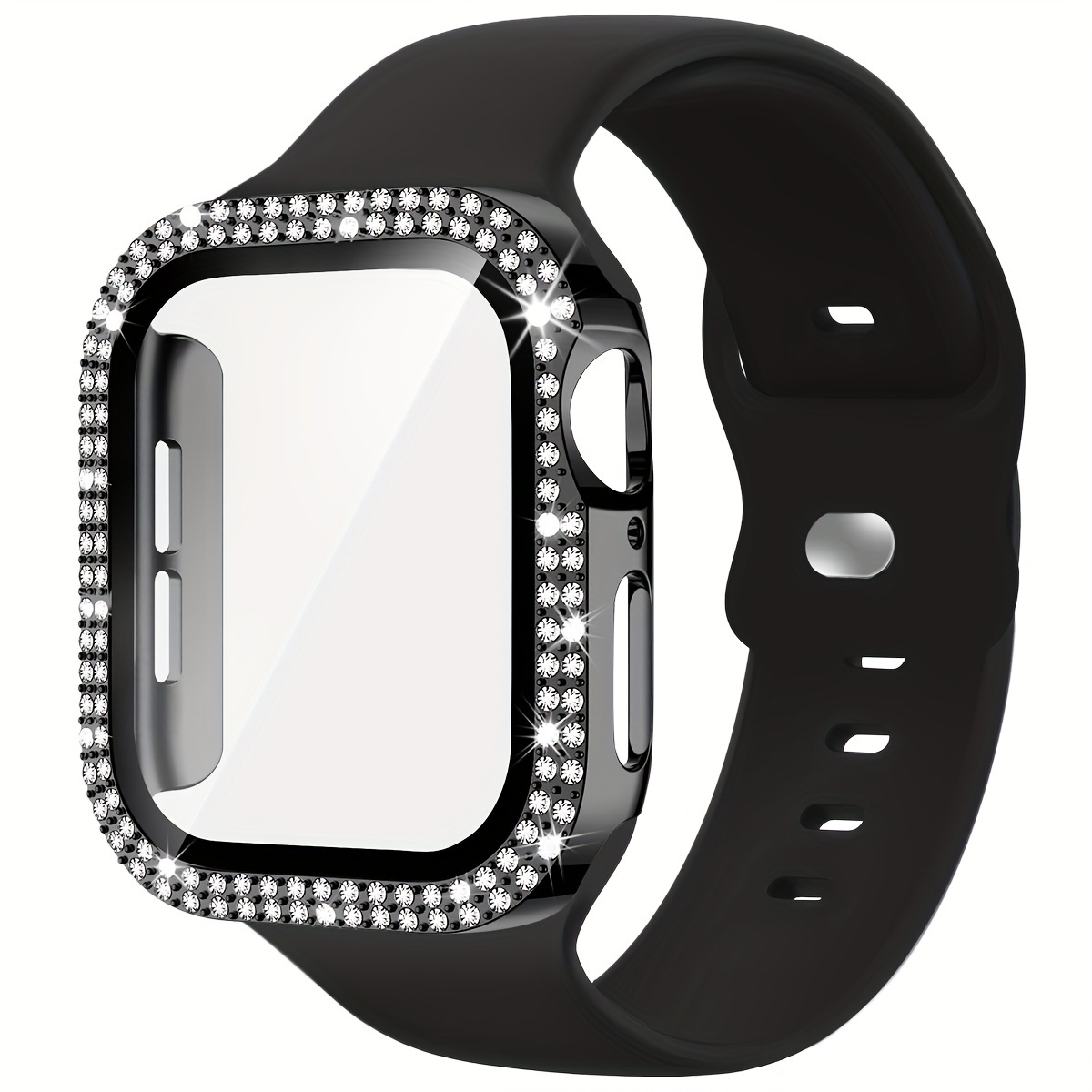 

Silicone Strap And Double Row Diamond Case For Iwatch 40mm/41mm/44mm/45mm, Compatible With Series 9/8/7/6/5/4, Soft Band With Deployant Clasp, Non-water Resistant Accessory For Men And Women