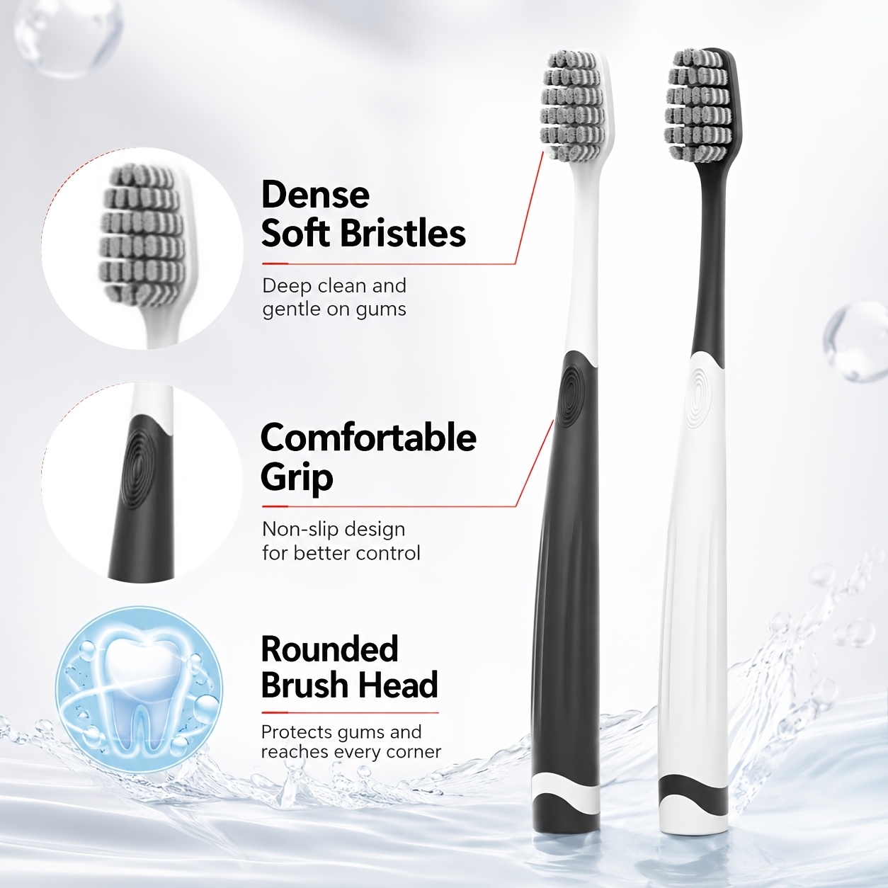 2pcs Black and White Soft Bristle Toothbrush Set