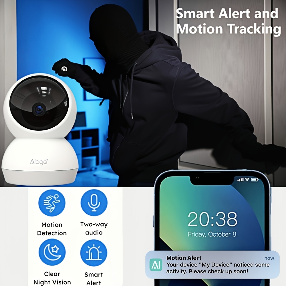 360 panoramic security camera with 2k hd resolution supports dual band wireless wifi monitoring at 2 4g and 5g features detection night vision and pet monitoring suitable for babies pets and caregivers battery not included Product details 8