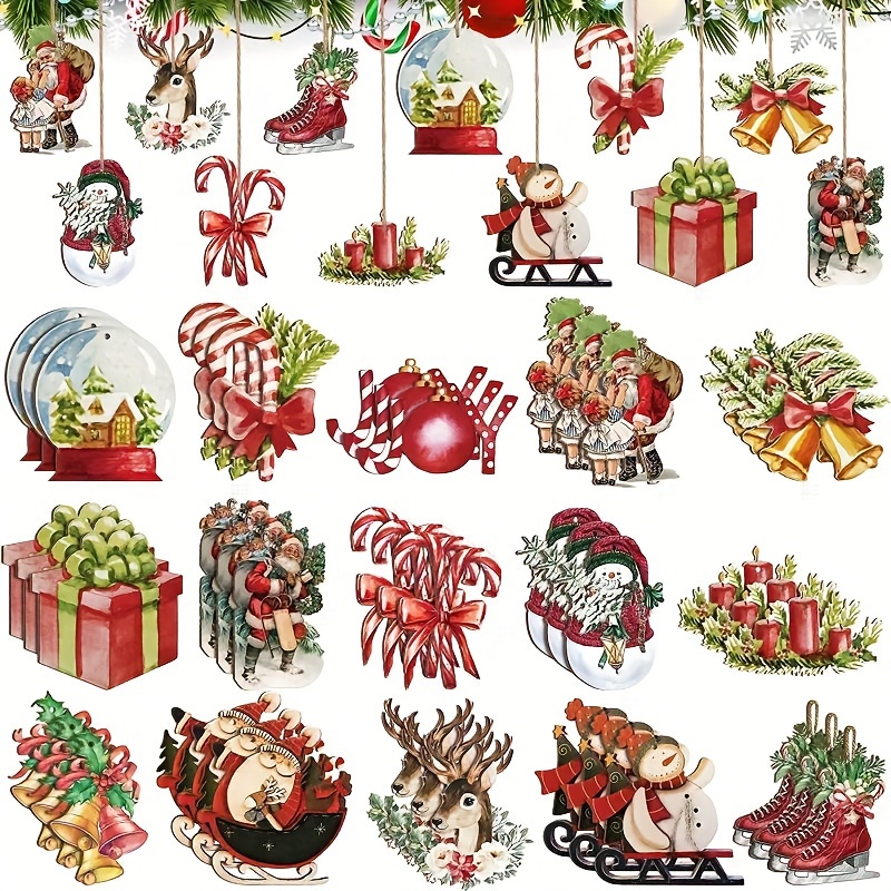 TEMU 30pcs, Décorations de Noël en Bois avec Boules de Cristal et Cloches avec Élan, de Neige et Corde, Adaptées pour les Célébrations Extérieures et