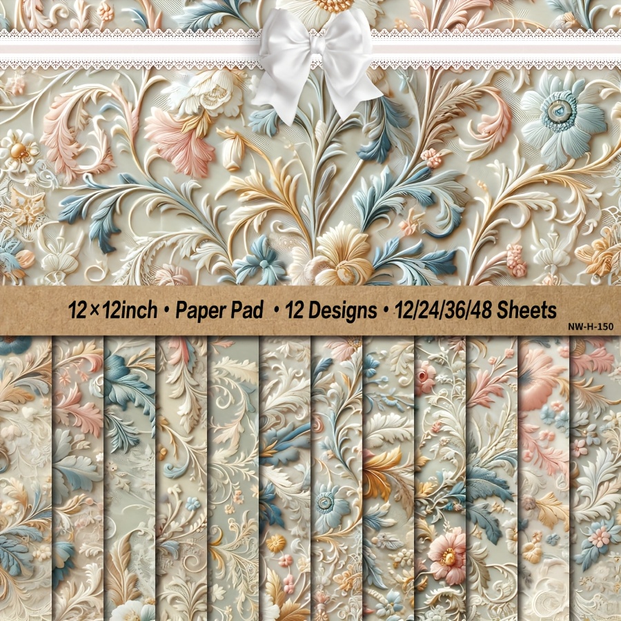 

12/24/36/48 Sheets 3d Embossed Floral Paper Pad, 12x12 Inch Decorative Craft Cardstock For Diy Card Making, Art Projects & Background Supplies