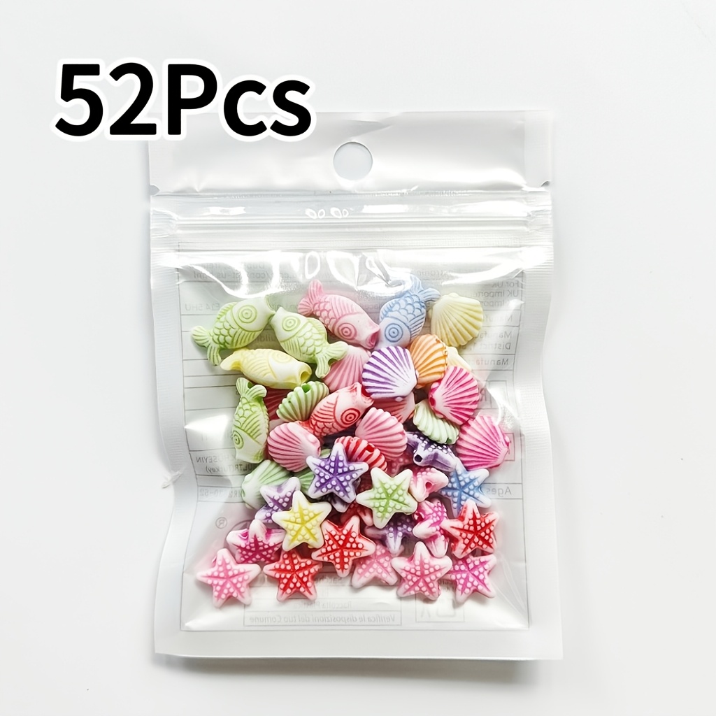 Image of 52pcs Multicolor Starfish, Seashell, And Fish Mixed Resin Beads - Cartoon For Diy Beading, Bracelets, Necklaces, Earrings, Jewelry Making, And Craft Accessories
