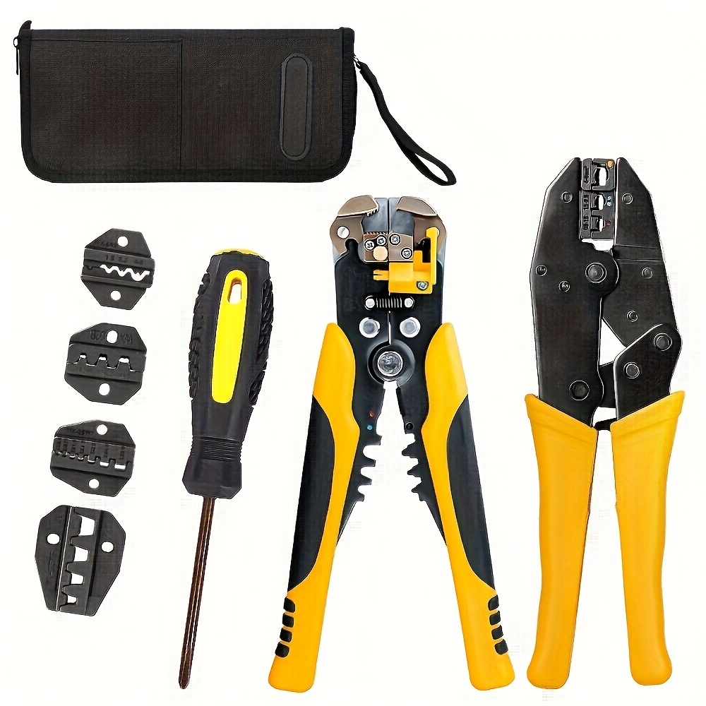 TEMU Ratchet Wire Crimping Tool Set With 5 Interchangeable Jaws For Insulated And Non Insulated Terminal Awg20-2, Including Wire Stripping Pliers