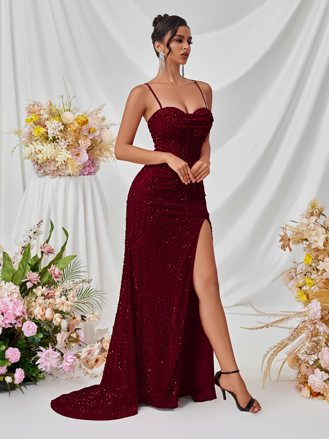 sweetheart neckline formal dress Ladivine CD721 Elegantly Embellished Ballgown with Sparkle Tulle Eggplant / 16