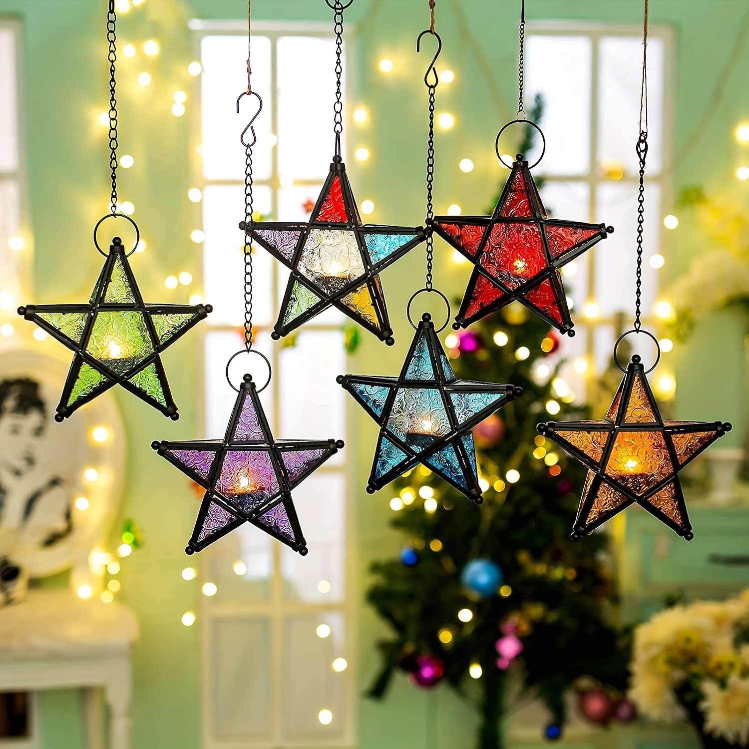 

1pc, European Retro Style Color Windproof Glass Candle Holder, Pentagram Iron Hanging Embossed Glass Candle Holder ( Candles Not Included ), Holiday Atmosphere Atmosphere Home Decoration Pendant