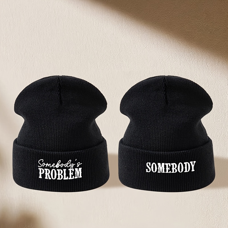 TEMU 2pcs Couple Set Problem Embroidered Knit Beanie, Lightweight, Soft, Comfortable, Warm, No-brim Hat For Outdoor Leisure Activities, Running,