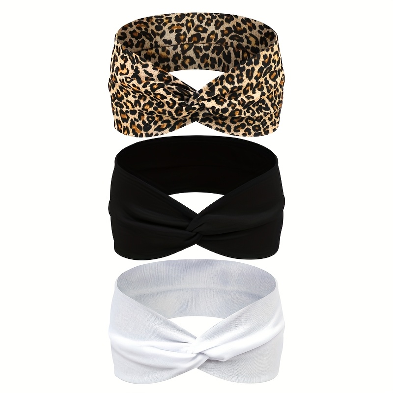 TEMU 3pcs/set Leopard Print Solid Color Women's Headband Set, Elastic Hair Ties, Gift, Multiple Colors , Suitable For Sports, Yoga, And Daily Use