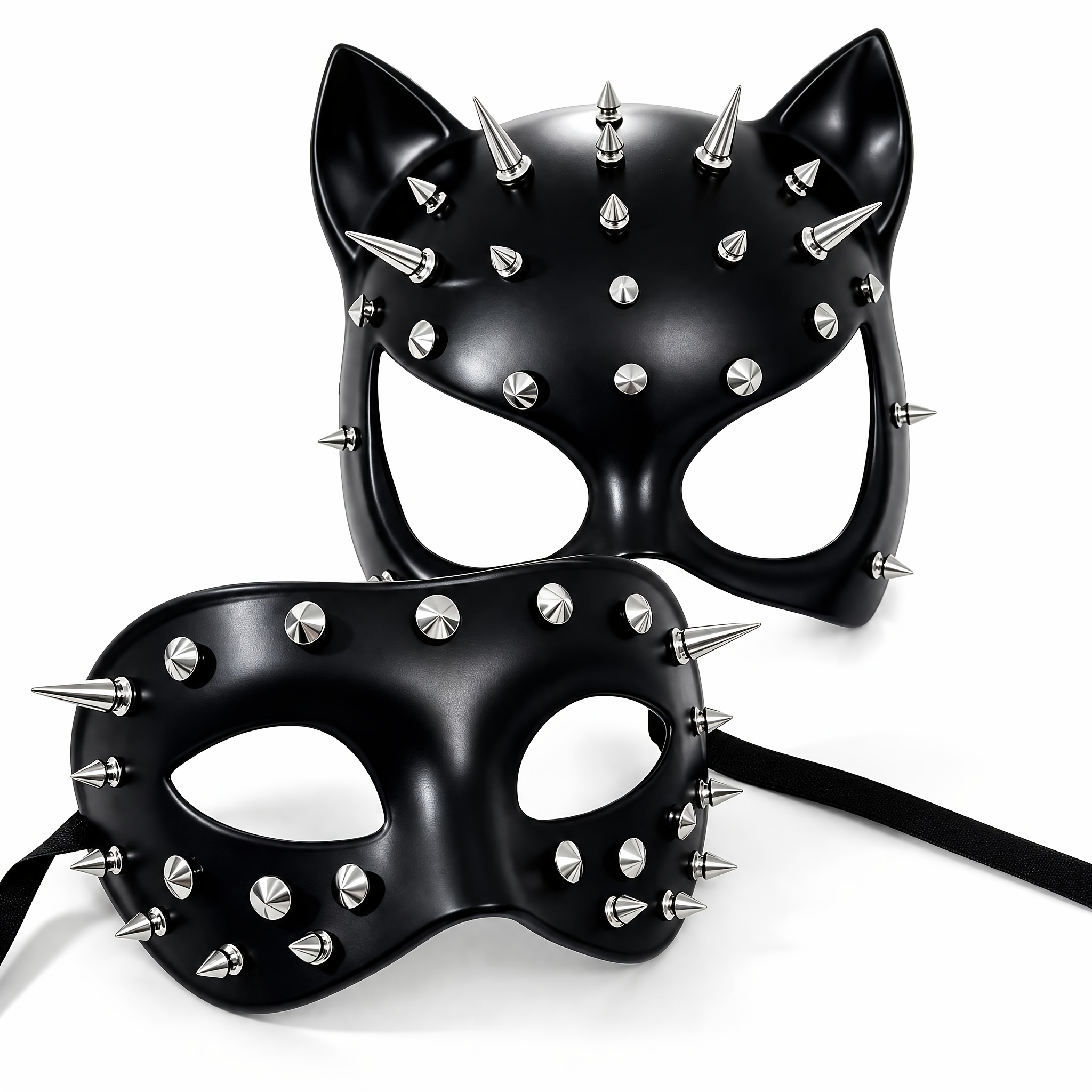 TEMU Lot de 2 masques de fête punk à clous et pointes pour couple, masque demi-visage à oreilles de chat pour femme avec bande élastique, masque