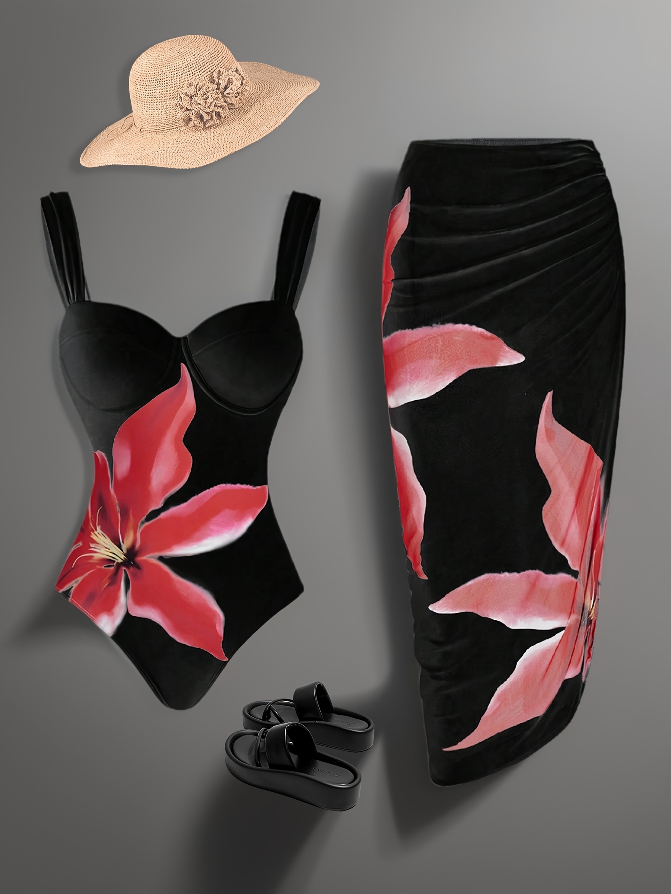 two piece set of fashionable womens floral print bodycon   swimsuit with mesh halter skirt