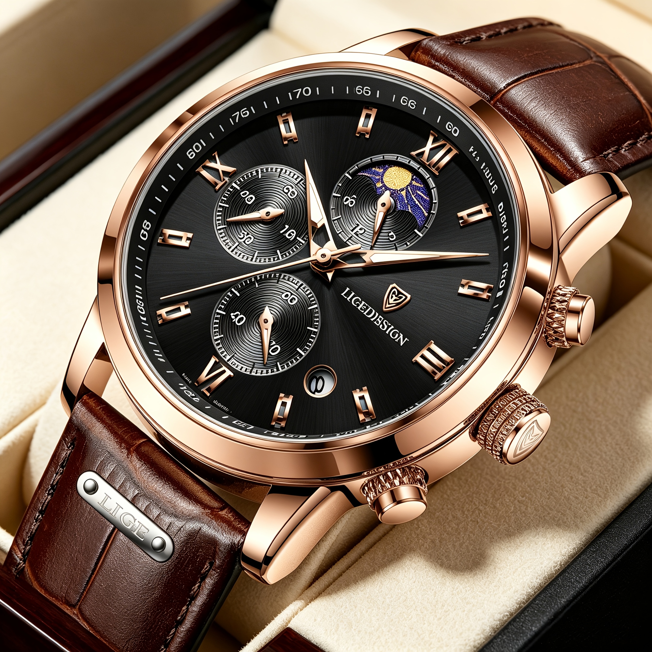 1pc Lige Elegant Men's Quartz Watch With Faux Leather Band, & Date Function, Display, Round Case - Ideal Gift For Father's Day & Christmas Gift