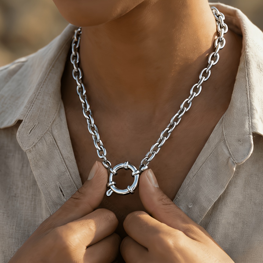 TEMU Fashionable 304 Stainless Steel Silvery Thick Chain Oval Necklace With Clasp, Suitable For Daily Wear, Unisex, Birthday Gift, Party Accessory