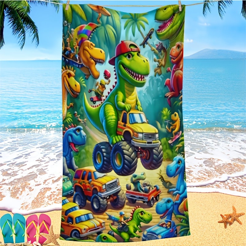 TEMU 1pc Cartoon Dinosaur Driving Off-road Car Printed Beach Towel, Anti-sand Quick-dry Towel, Highly Absorbent, Unisex, Soft And Comfortable