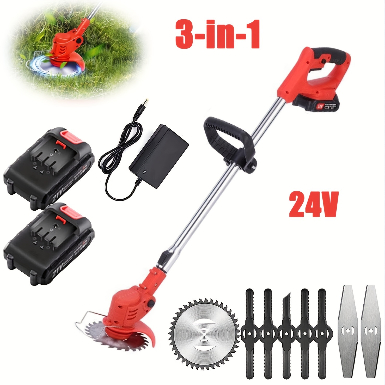 

1000w 24v Cordless ,with 2 Batteries, Electric Brush Lawn Edger Grass String Trimmer,10000rpm/minutes,with Telescopic Pole, , Adjustable,suitable For Yard And Garden Weeding