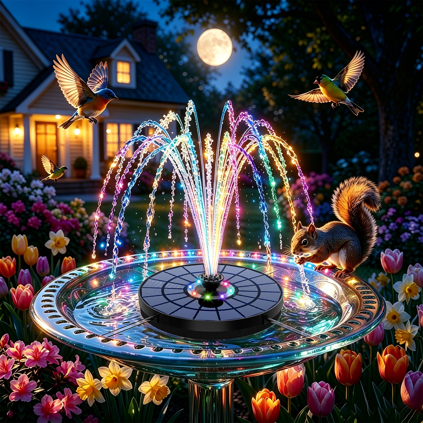 TEMU 6.5w Solar Bird Bath Fountain, Ipx8 Colorful Led Lights, 3000mah Large Capacity Battery With Fixed Bracket, Outdoor Garden Pond Patio Holiday