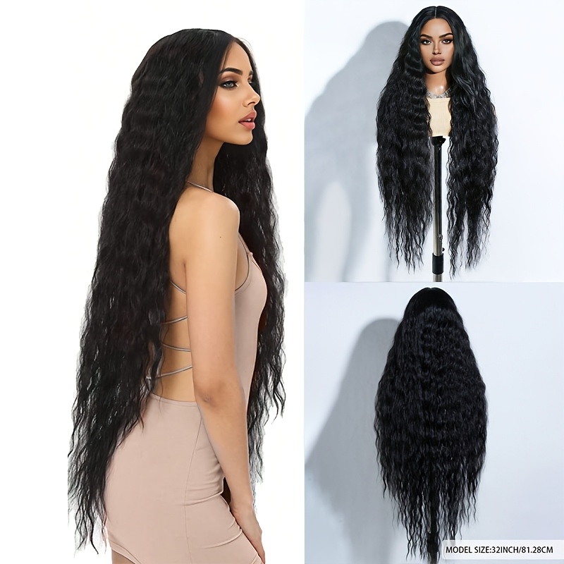 TEMU A 32-inch Long Black Middle-part Wig, Available In Black/pink, Designed For Women With A Stylish And Elegant Look. It's Beginner-friendly, Made
