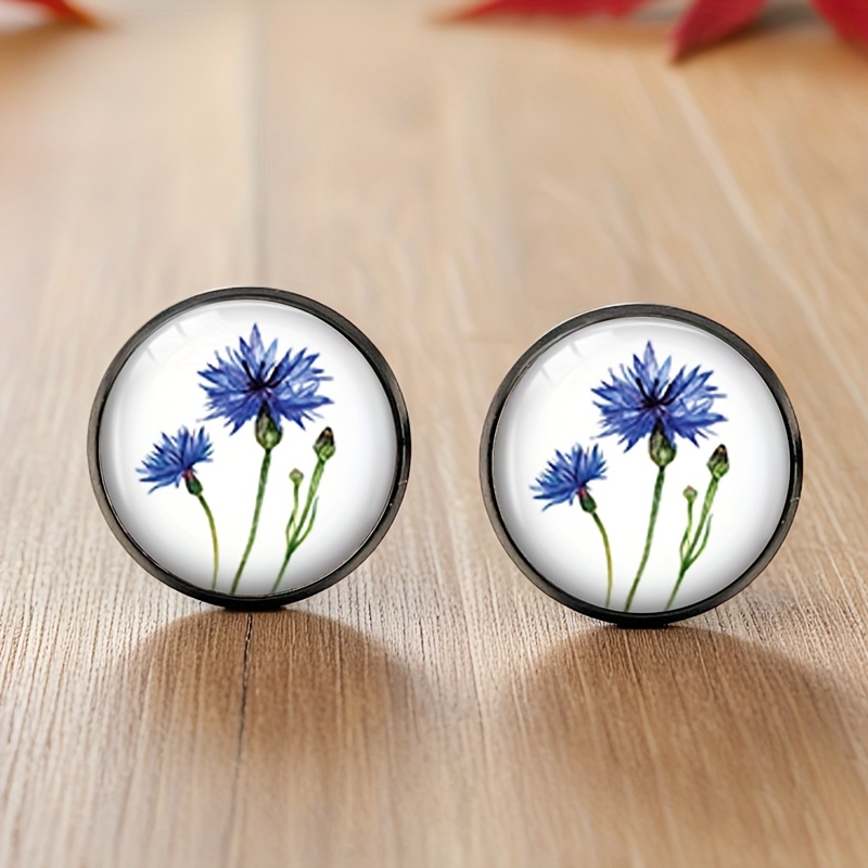 TEMU A Pair Of Round Glass Earrings With Blue And Studs, Handmade Jewelry, Without Battery