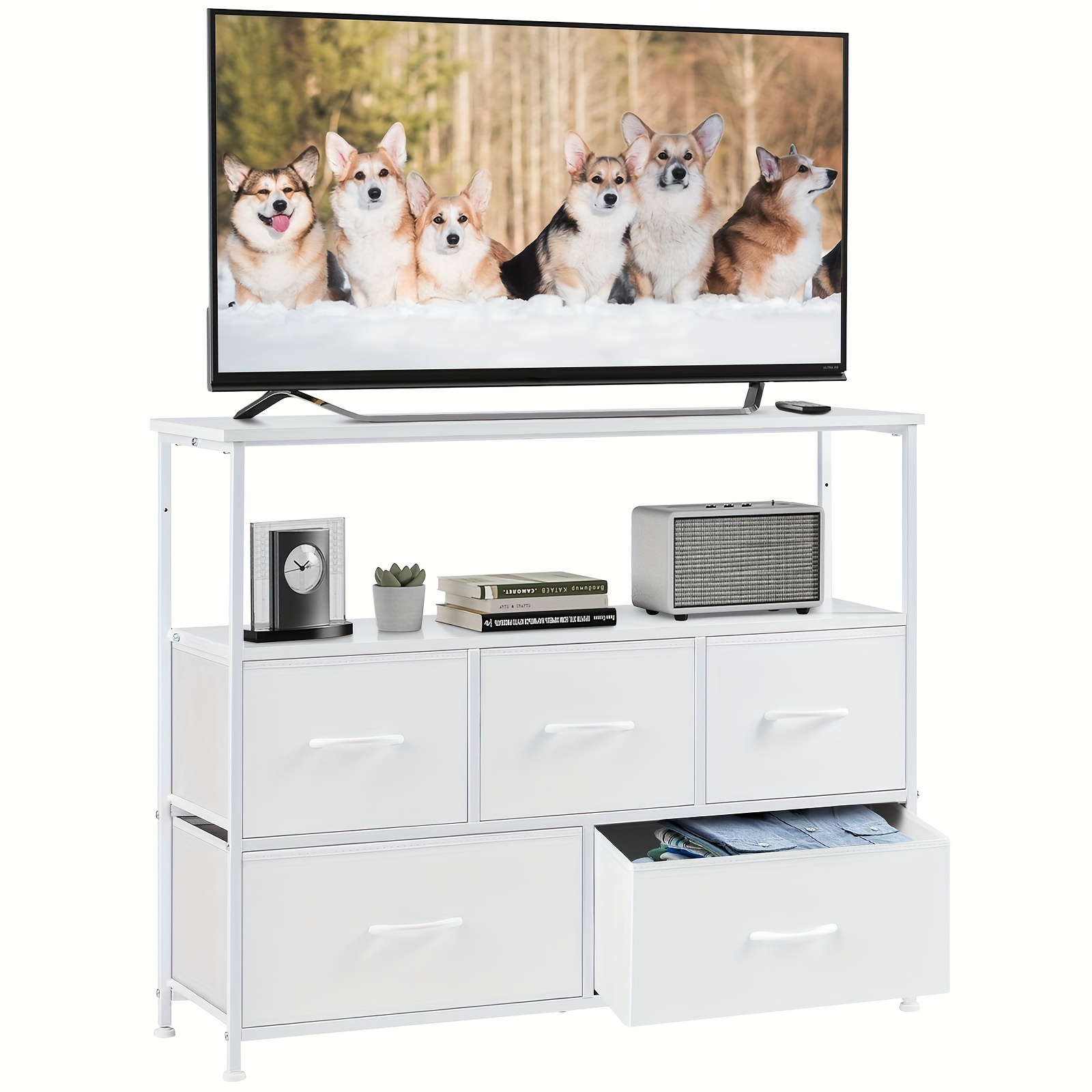 

Tv Stand Dresser For Bedroom With 5 Fabric Drawer, Entertainment Center For 45 Inch Television, Media Console Table With Storage, Open Shelf, Adjustable Feet, Living Room Furniture, White