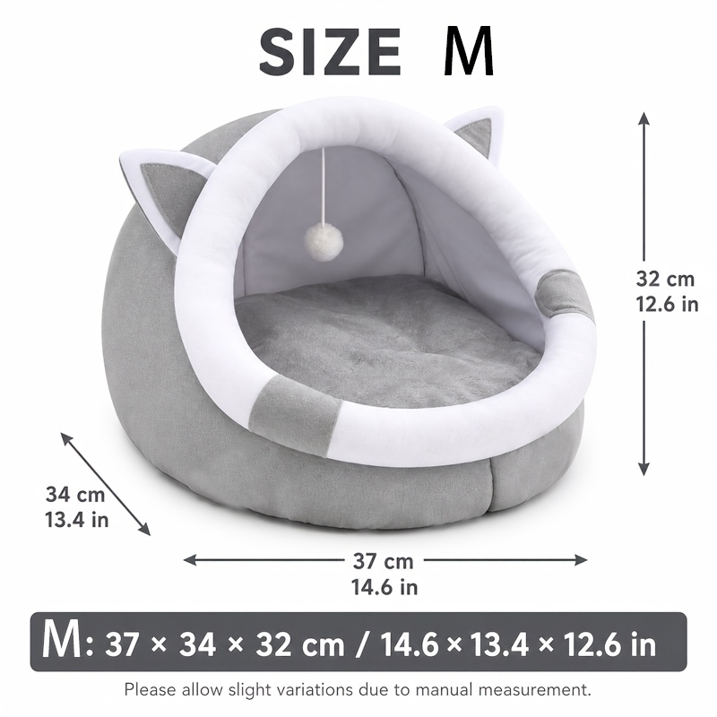 TEMU Cama Semi-Cerrada para Gatos con Cojín de Felpa , Diseño de y Juguete Colgante, Cueva Acogedora para Dormir en Interiores para Gatos y Gatitos