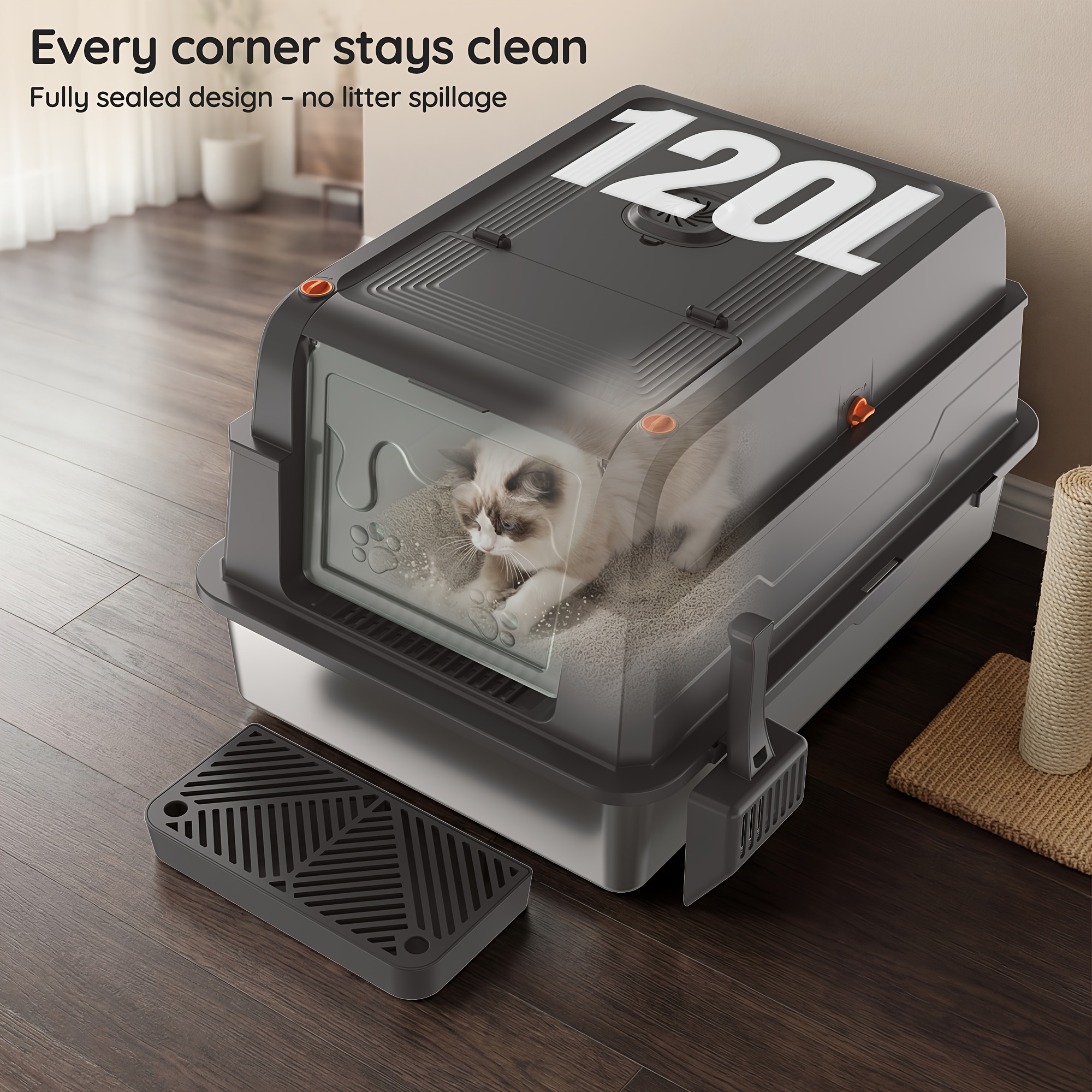 Image of 120l Large Stainless Steel -duty Cat Litter Tray With Detachable Enclosure, Removable -proof Lid, Scoop Easy To Clean Low-maintenance Litter Box With Mat For Large Cats & Small Kittens
