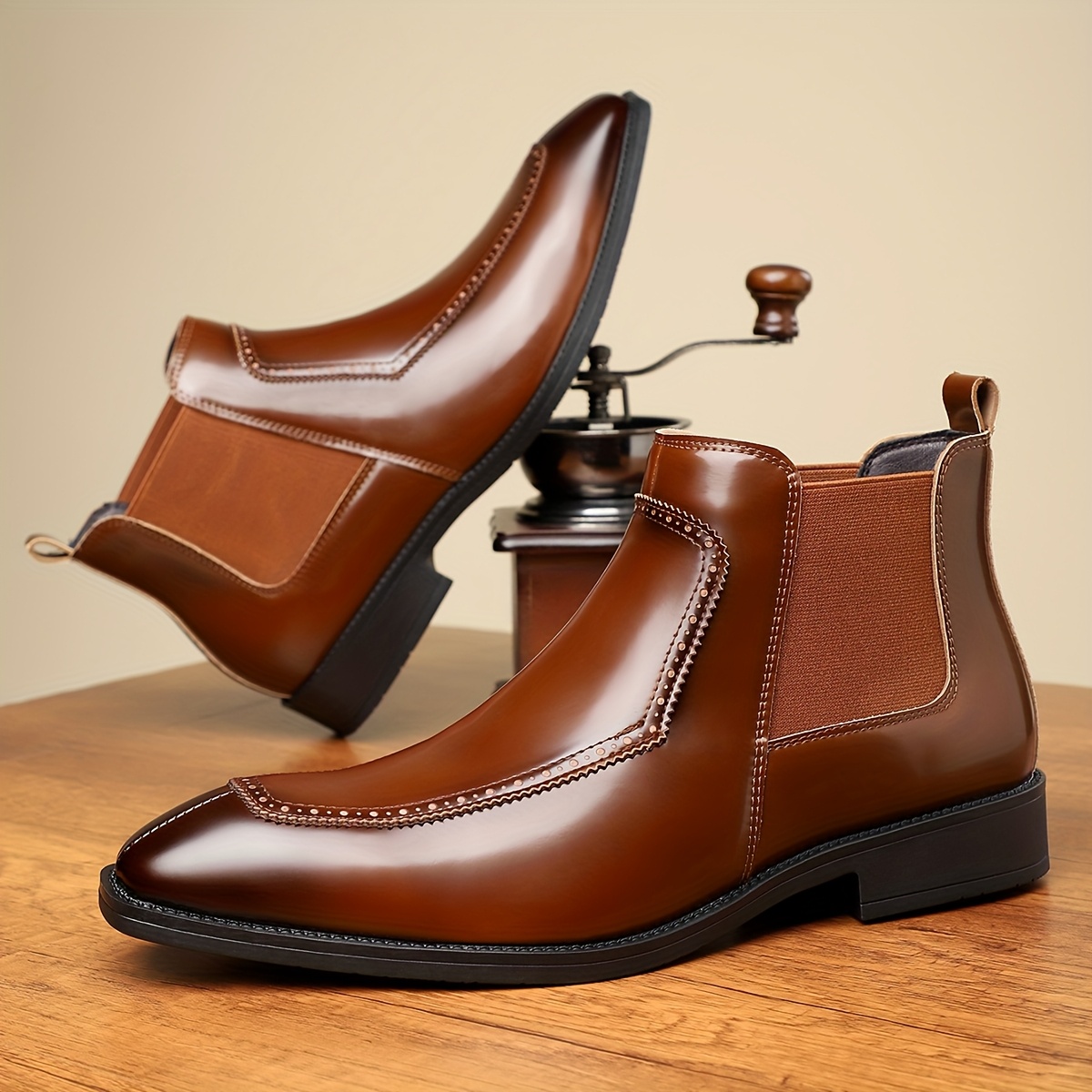 Men's Slip-On Boots - Durable Rubber Sole, Black Ankle Boots with Pointed Toe & Elastic Band, All-Season Casual Street Style Shoes