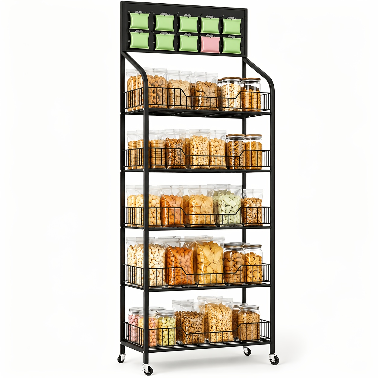 5-tier Golden Snack Display Rack, Commercial Candy Retail Shelf With Wheels, With 4 Foot Pads And 10 Heart-shaped Hooks, Suitable For Supermarket, Home Kitchen Storage Shelf (black, White)