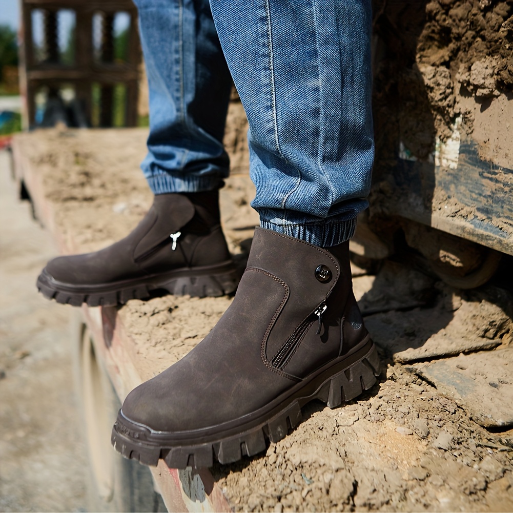 men 6 inch faux leather slip work boots mens - Temu display picture 1