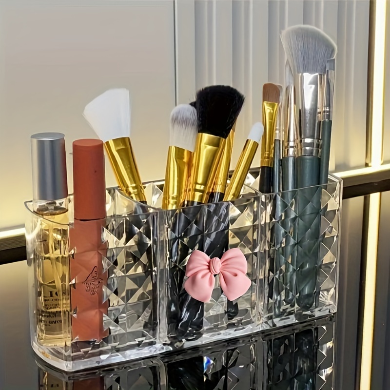 

1pc Freestanding Cosmetic Organizer, Plastic Makeup Compartments, Portable Desk For Brushes And Bottles, Decorative Bow - For And Organization