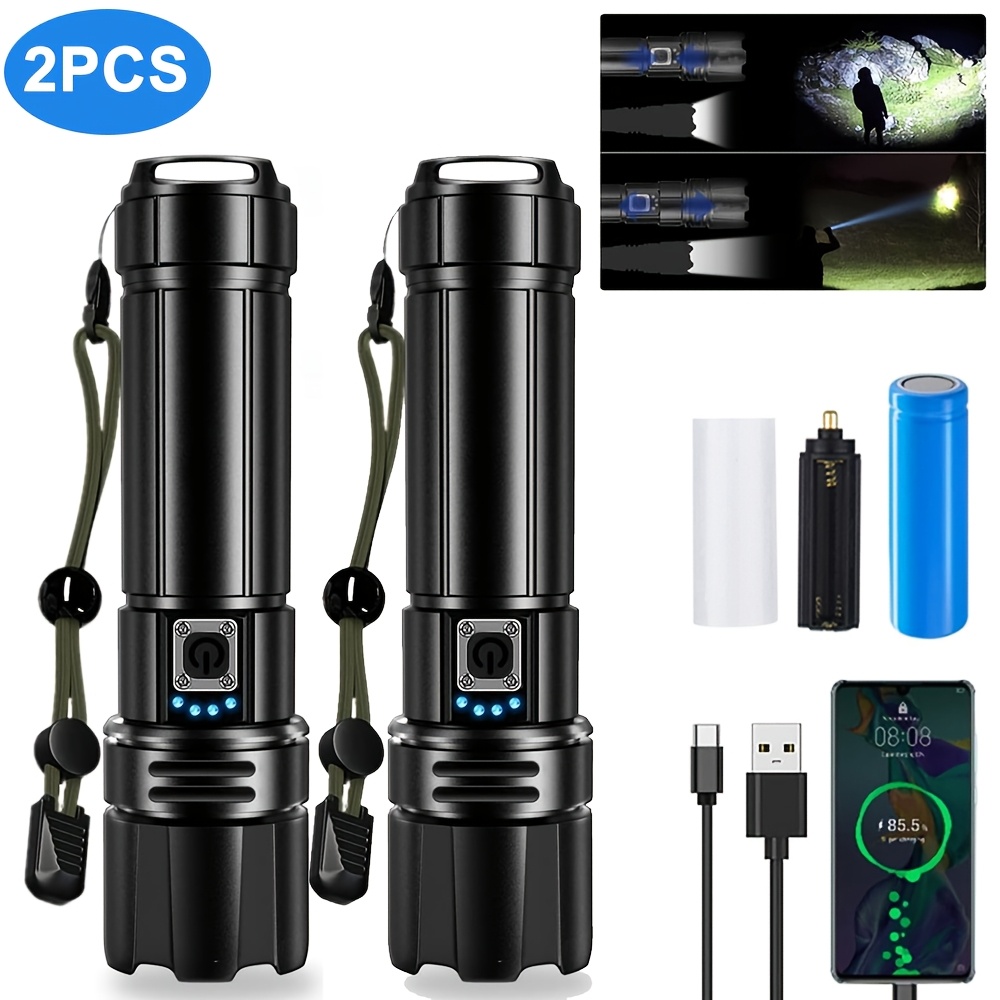 2pcs Rechargeable Flashlight High , 5 Lighting With Power Display, Handheld Aluminum Flashlight For Camping, Hiking, Exploration, And Hiking Trips