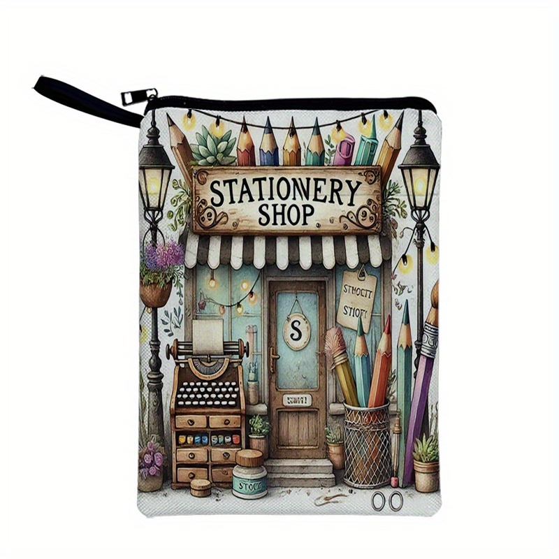 TEMU Design de Couverture de Livre Boutique de Papeterie Vintage - Impression avec Fermeture Éclair, Bandoulière Détachable & Poche - Cadeau à Thème