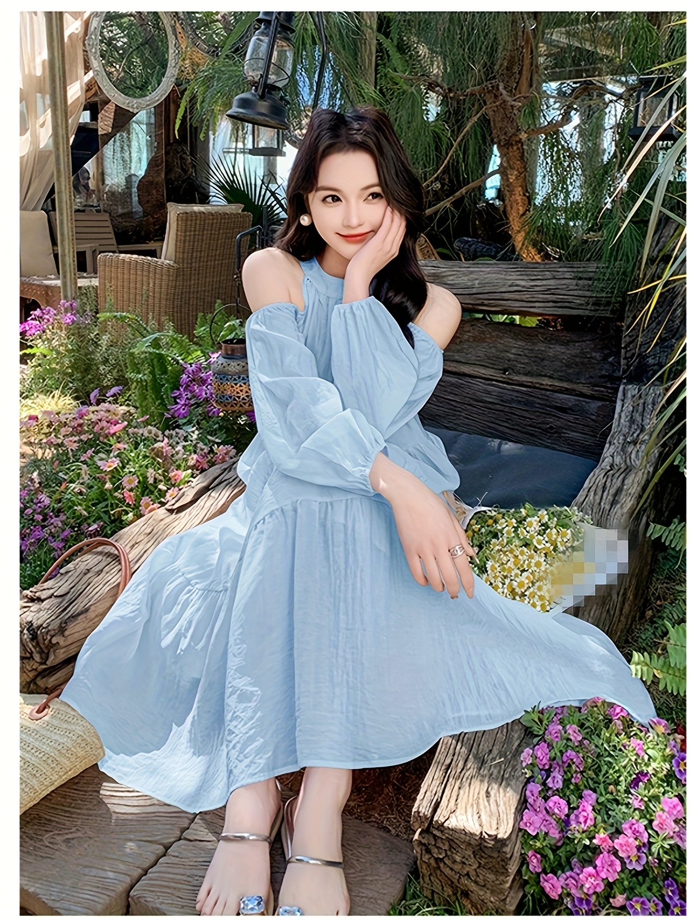 Women'S Pastel Blue Off-Shoulder Maxi Dress Flowy, Loose Fit, Sleeveless,  Ideal for Spring Summer, Beach Casual Attire, Beach Dress Offshoulde