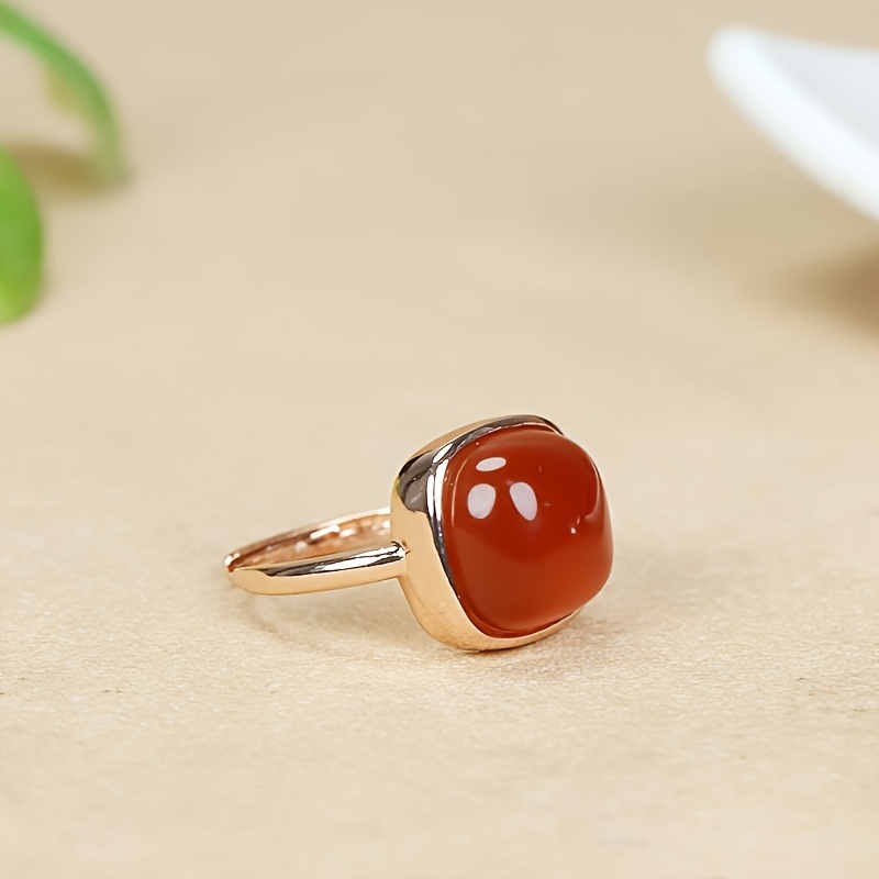 

Elegant Adjustable Rose Gold Plated Agate Ring, Fashionable Single Band With Natural Red Agate Stone, Versatile Open Ring Jewelry For Women