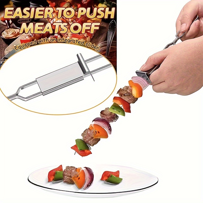2pcs double ended reusable stainless steel barbecue fork semi automatic outdoor bbq barbecue tool portable barbecue skewer lamb hot dog fork camping picnic party bbq accessories bbq gadgets 0