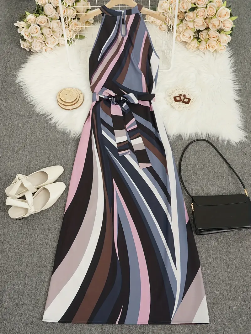 sleeveless maxi dress irregular striped print belted fitted - Temu sleeveless maxi dress irregular striped print belted fitted - Temu
