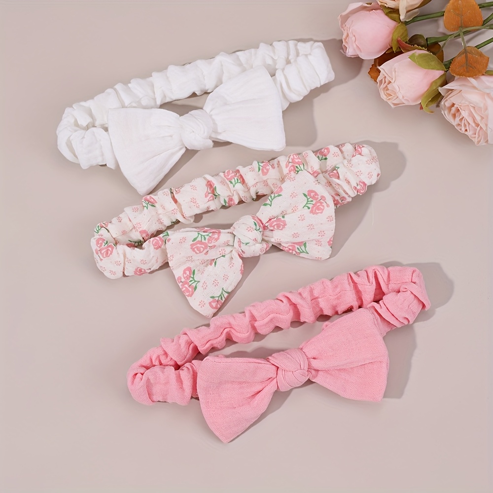 TEMU 3pcs Hand Knotted Bow Hair Bands Set Elastic Flowers Printed Bow Turban Fashion Hair Additions For Girls Perfect Gift